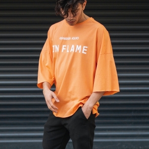 Men's Oversize T-Shirt Ripped Neck Text Printed Orange - 2
