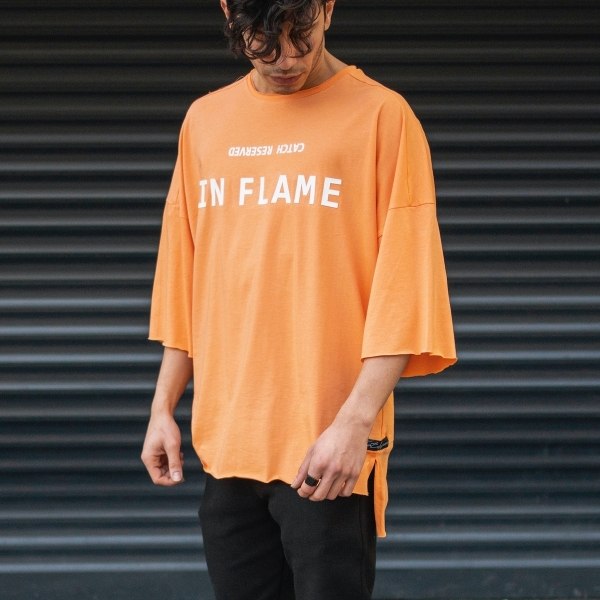 Men's Oversize T-Shirt Ripped Neck Text Printed Orange - 3