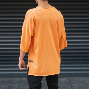 Men's Oversize T-Shirt Ripped Neck Text Printed Orange - 5
