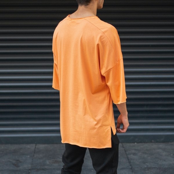 Men's Oversize T-Shirt Ripped Neck Text Printed Orange - 4