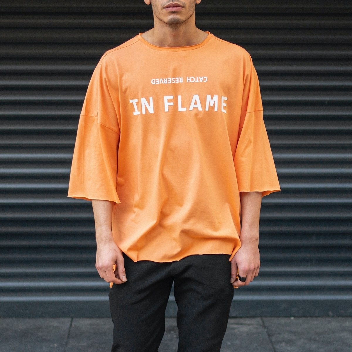 Men's Oversize T-Shirt Ripped Neck Text Printed Orange - 1