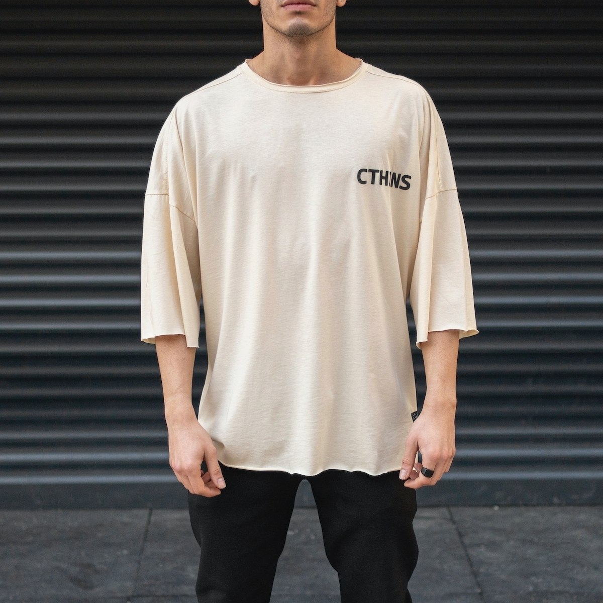 Men's Oversize T-Shirt Ripped Neck Text Printed Beige - 1