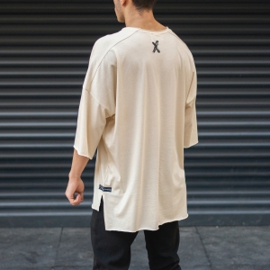 Men's Oversize T-Shirt Ripped Neck Text Printed Beige - 4