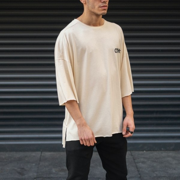 Men's Oversize T-Shirt Ripped Neck Text Printed Beige