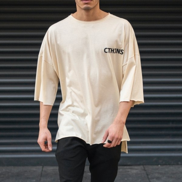 Men's Oversize T-Shirt Ripped Neck Text Printed Beige - 2