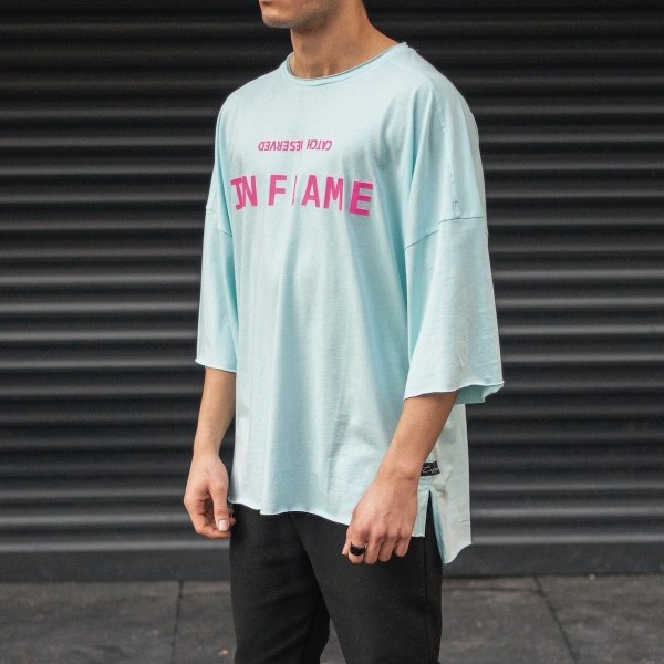 Men's Oversize T-Shirt Ripped Neck Text Printed Mint Green - 2