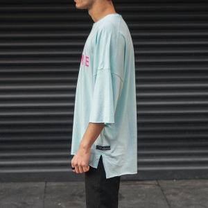 Men's Oversize T-Shirt Ripped Neck Text Printed Mint Green - 4