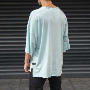 Men's Oversize T-Shirt Ripped Neck Text Printed Mint Green - 5