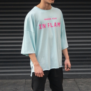 Men's Oversize T-Shirt Ripped Neck Text Printed Mint Green - 3