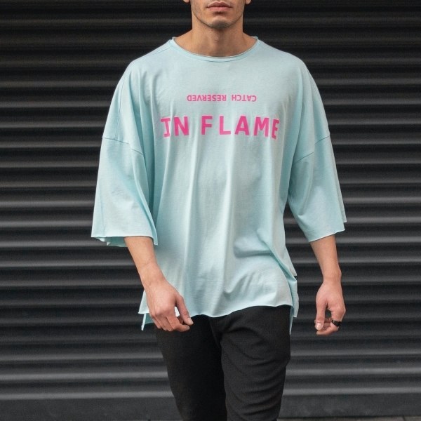 Men's Oversize T-Shirt Ripped Neck Text Printed Mint Green - 1