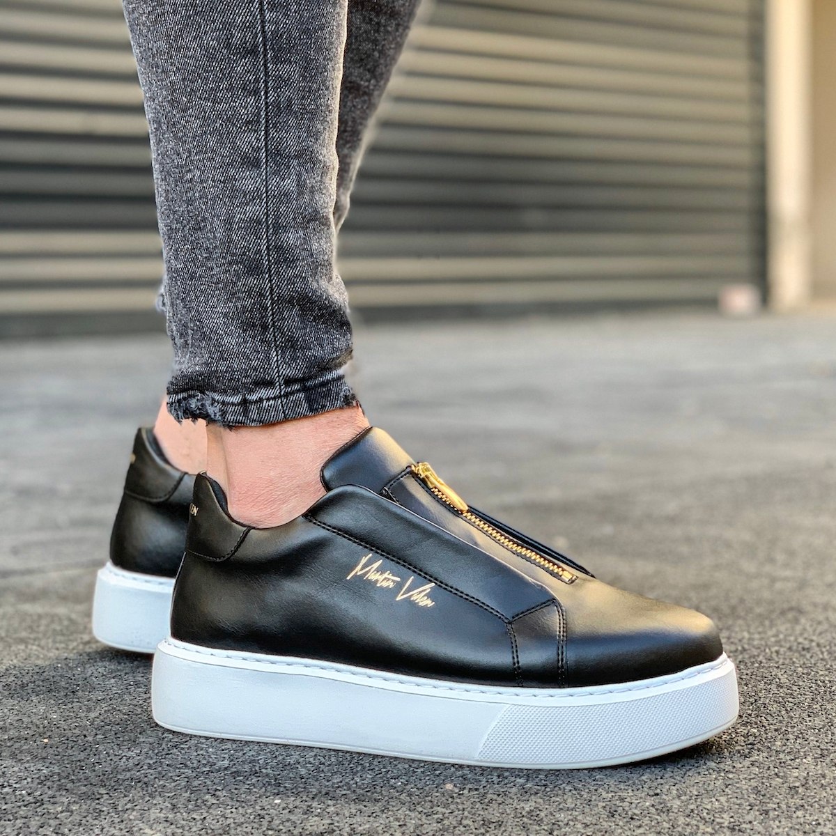Heren Instapsneakers met Ritsen Schoenen in Zwart | Martin Valen