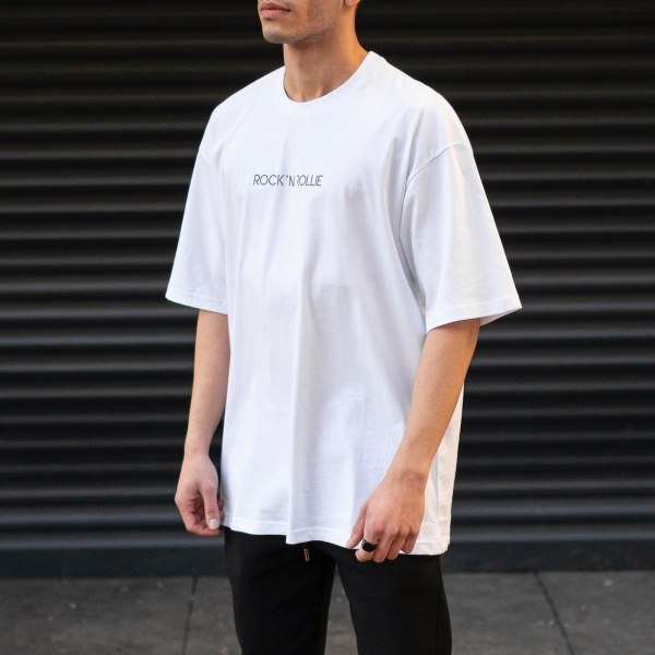 Men's Oversize T-Shirt Basic Neck Text Printed White - 3