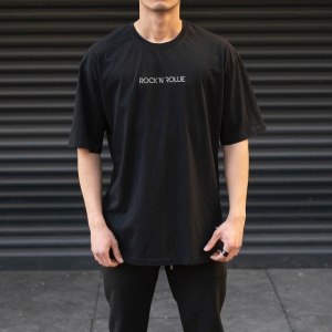 Men's Oversize T-Shirt Basic Neck Text Printed Black - 1