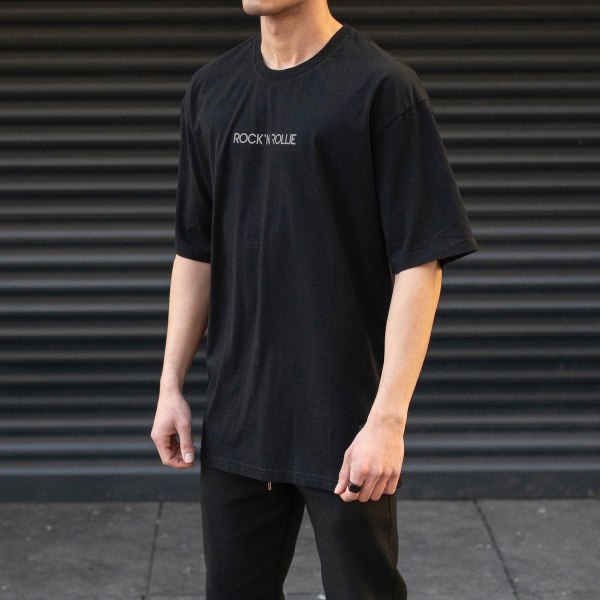 Men's Oversize T-Shirt Basic Neck Text Printed Black - 2