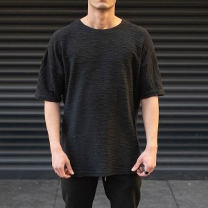 Men's Oversize T-Shirt Textured Round Neck Black - 1