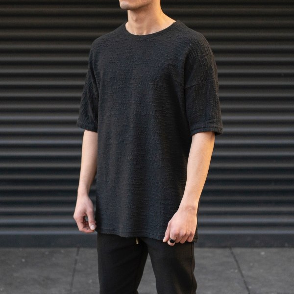 Men's Oversize T-Shirt Textured Round Neck Black - 3