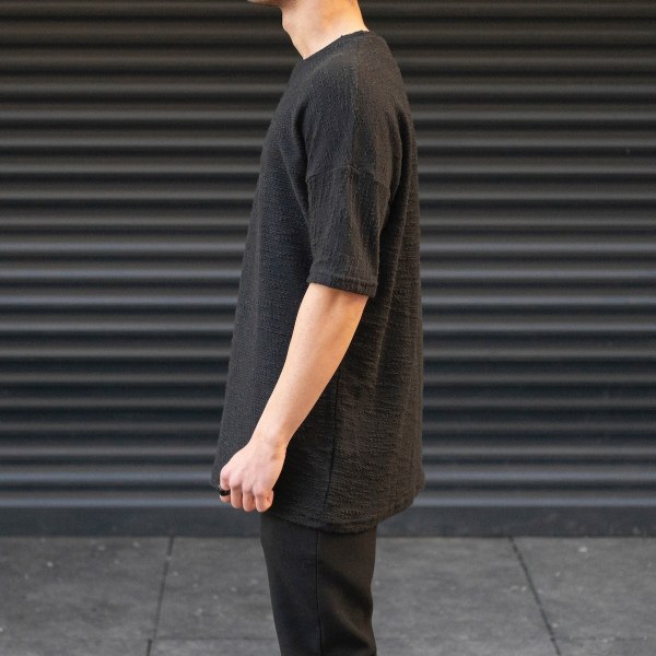 Men's Oversize T-Shirt Textured Round Neck Black - 4
