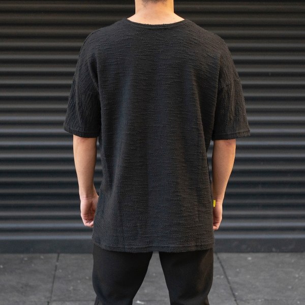 Men's Oversize T-Shirt Textured Round Neck Black - 5