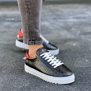 Uomo Basse Coccodrillo Sneakers Scarpe Nero-Bianco - 1