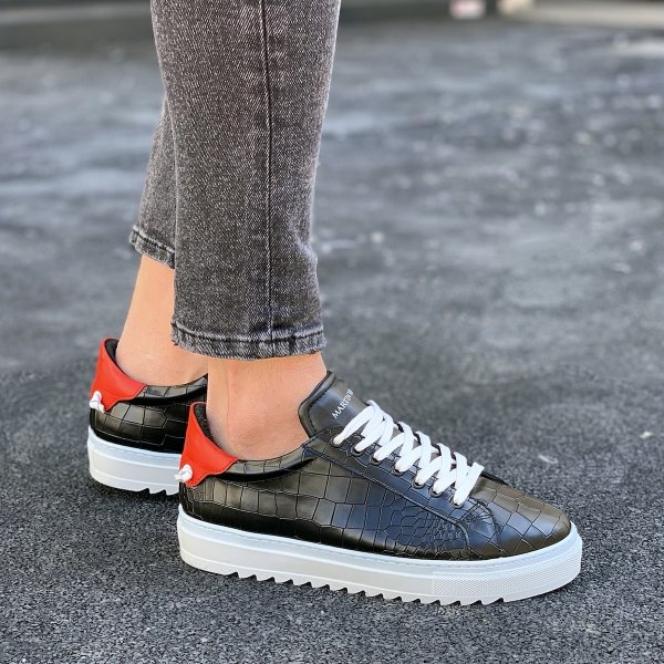 Men’s Low Top Croco Sneakers Shoes Black-White