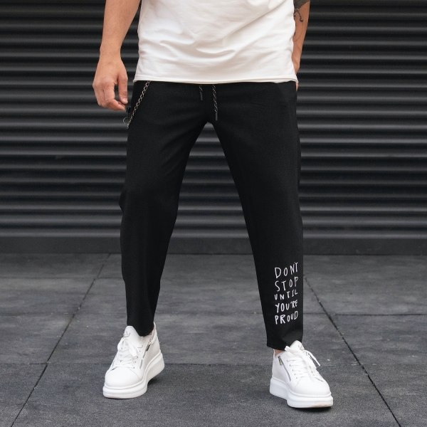 Men's Chain Detail Cuff Text Black Pants