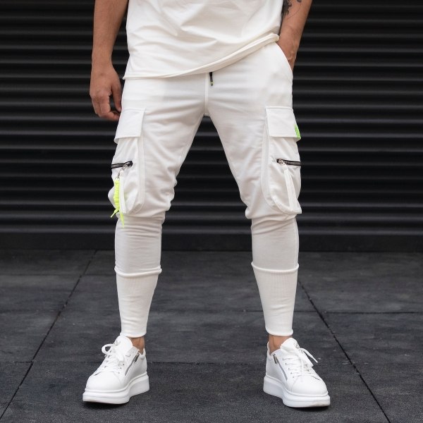 Men's Side Pocket Detail Cargo White Sweatpants - 1