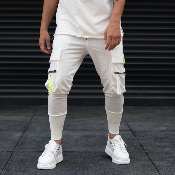 Men's Side Pocket Detail Cargo White Sweatpants - 2