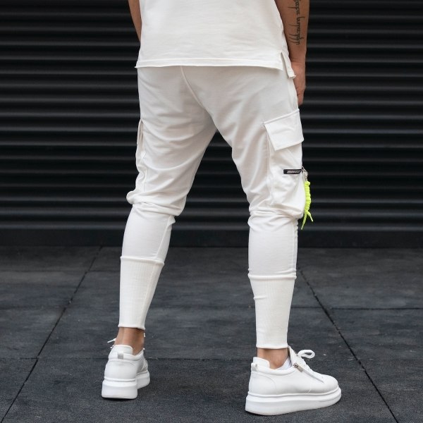 Men's Side Pocket Detail Cargo White Sweatpants - 5