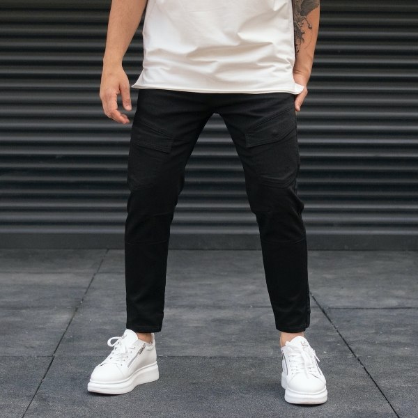 Men's Cargo Jogger Jeans With Side Cross Pocket In Black