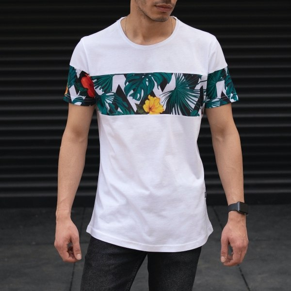 Men's Basic T-shirt Striped Leaf Design White - 1