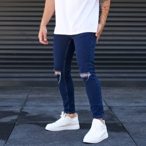Men's Ripped Jeans Pants Dark Blue - 2