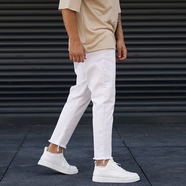 Men's Designer Jeans Fringe Ankle Pants White