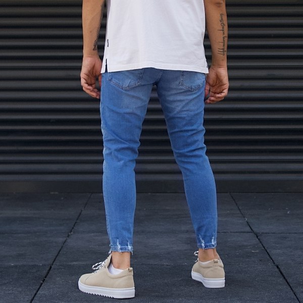 Men's Ripped Jeans Stonewashed Designer Ankle Blue - 5