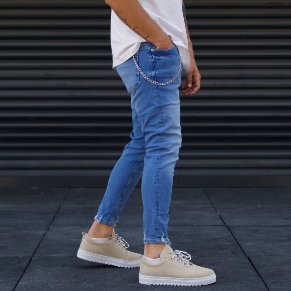 Men's Ripped Jeans Stonewashed Designer Ankle Blue - 4