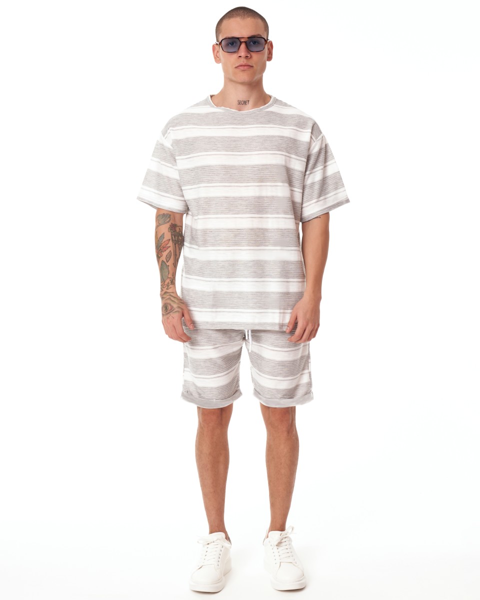 Men's Oversize Shortsuit Light Fabric Striped White-Grey - 1
