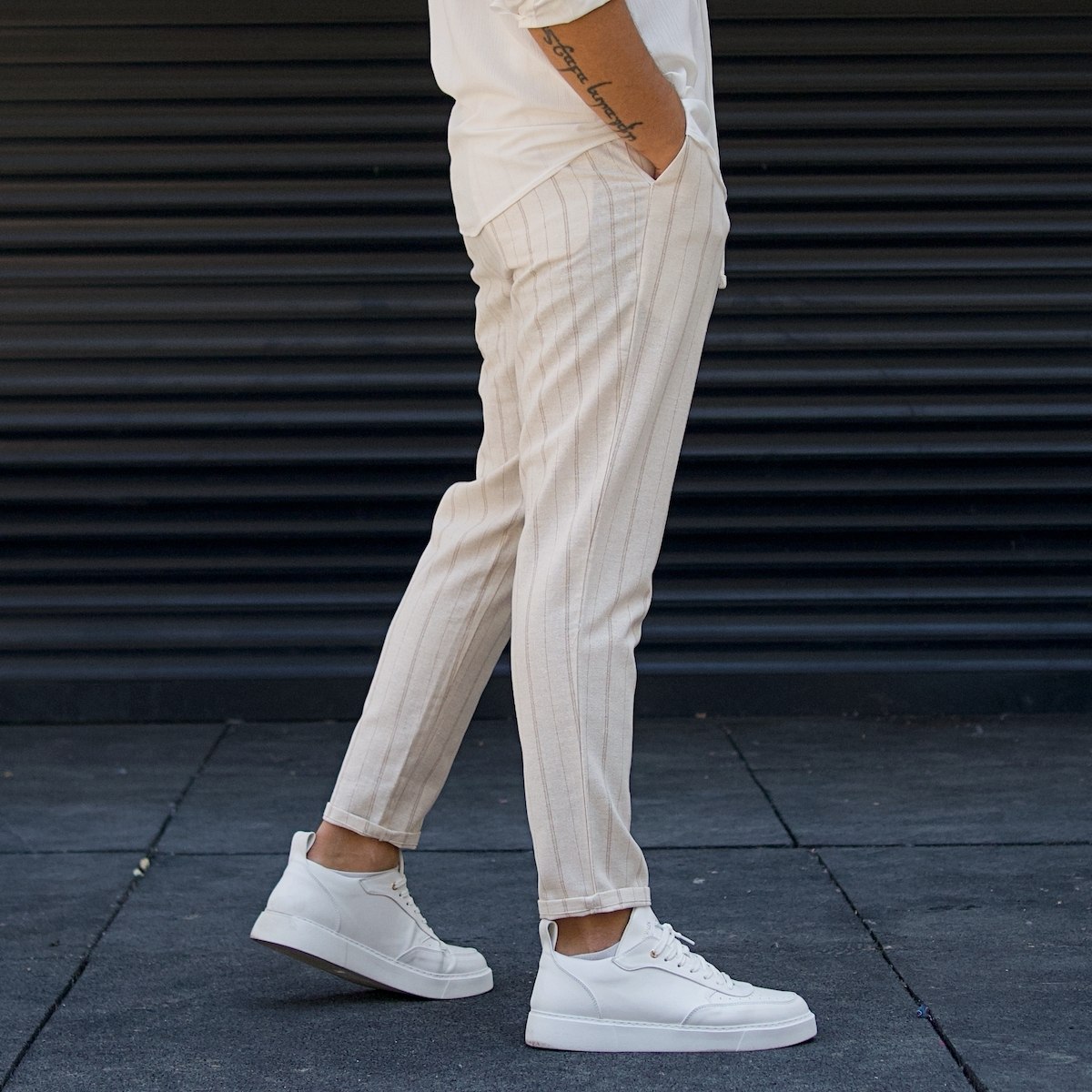 Men's Striped Linen Pants Beige