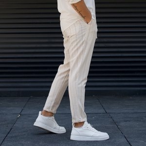 Men's Striped Linen Pants Beige - 4