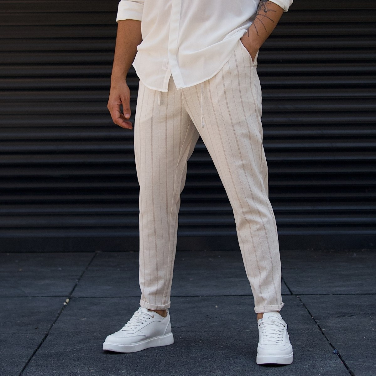 Men's Striped Linen Pants Beige - 1