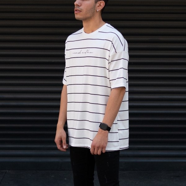Men's Oversize T-shirt Striped Font Detail White - 3