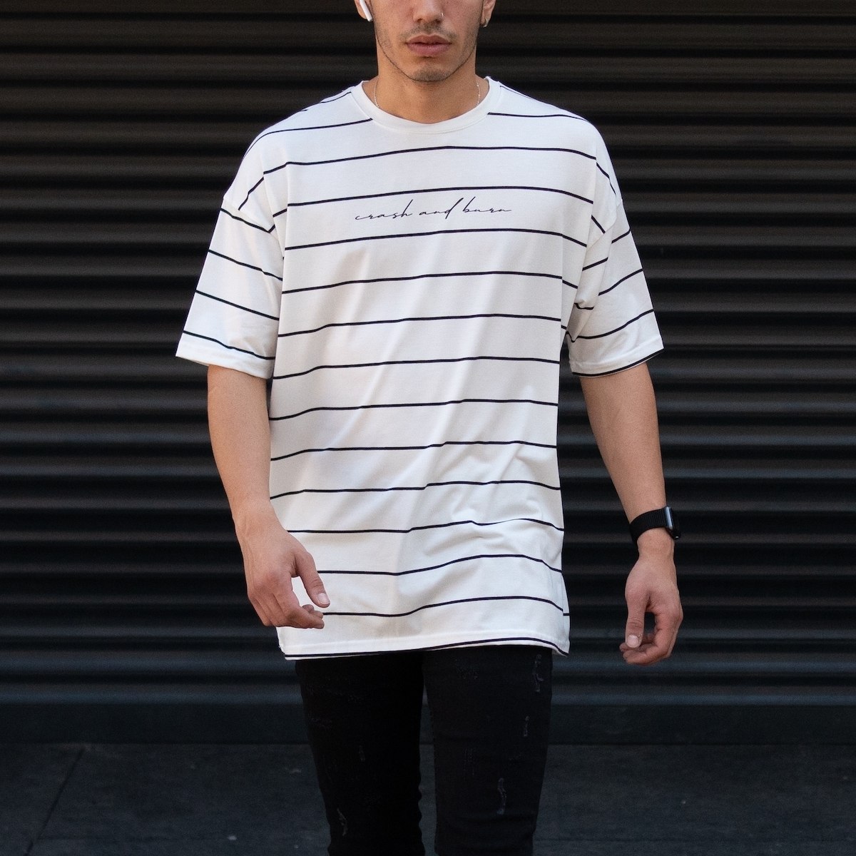 Men's Oversize T-shirt Striped Font Detail White - 1