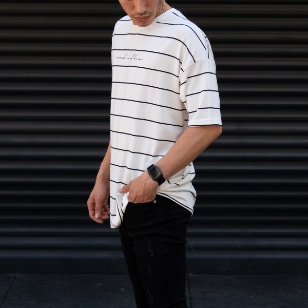 Men's Oversize T-shirt Striped Font Detail White - 2
