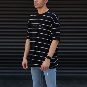 Men's Oversize T-shirt Striped Font Detail Black - 2