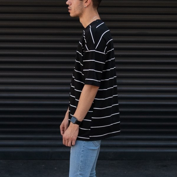 Men's Oversize T-shirt Striped Font Detail Black - 3