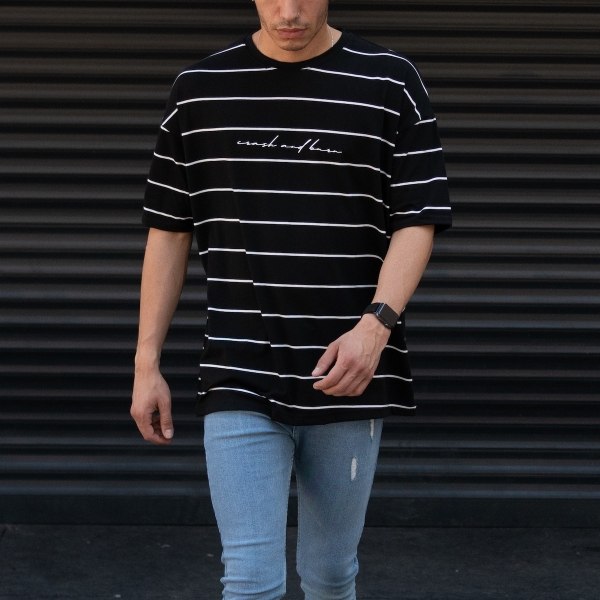 Men's Oversize T-shirt Striped Font Detail Black