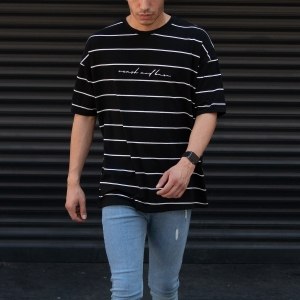 Men's Oversize T-shirt Striped Font Detail Black - 1