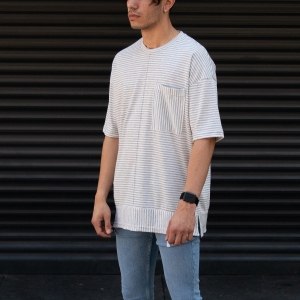 Men's Oversize T-shirt Designer Grey Striped White - 2