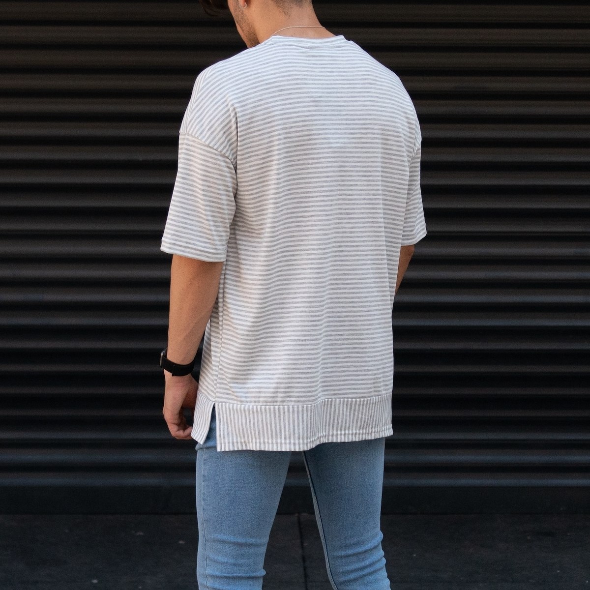 Men's Oversize T-shirt Designer Grey Striped White | Martin Valen