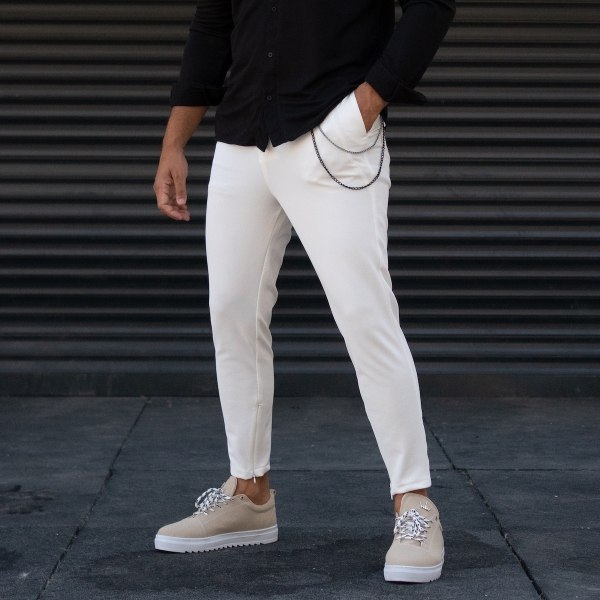 Men's Designer Trousers Pants Chain Detail White - 1