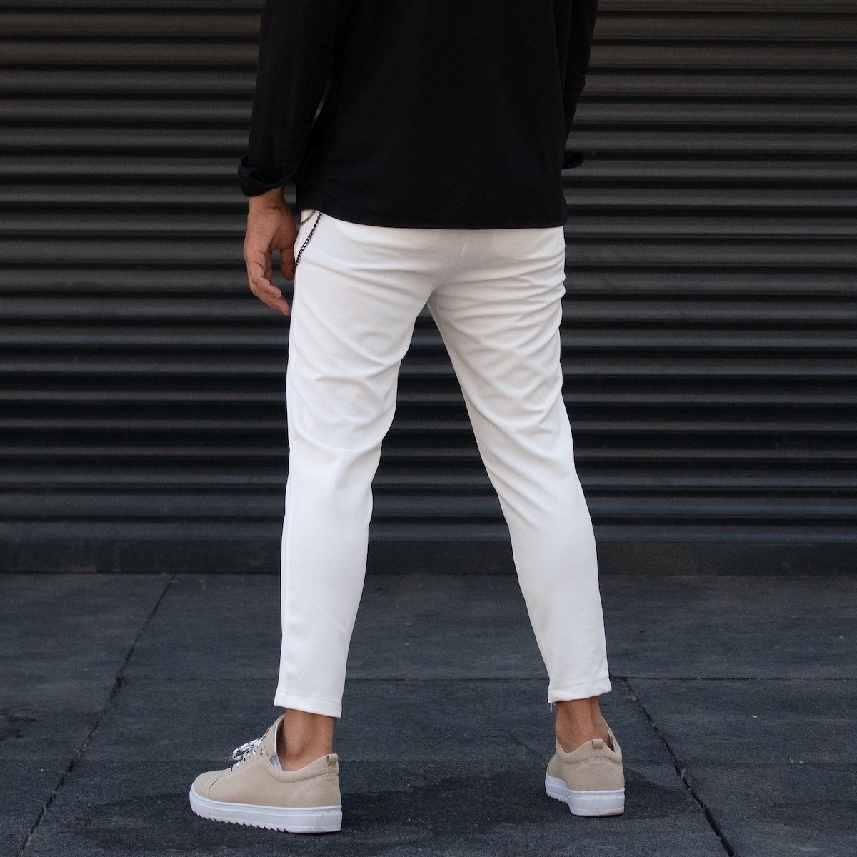 Men's Designer Trousers Pants Chain Detail White