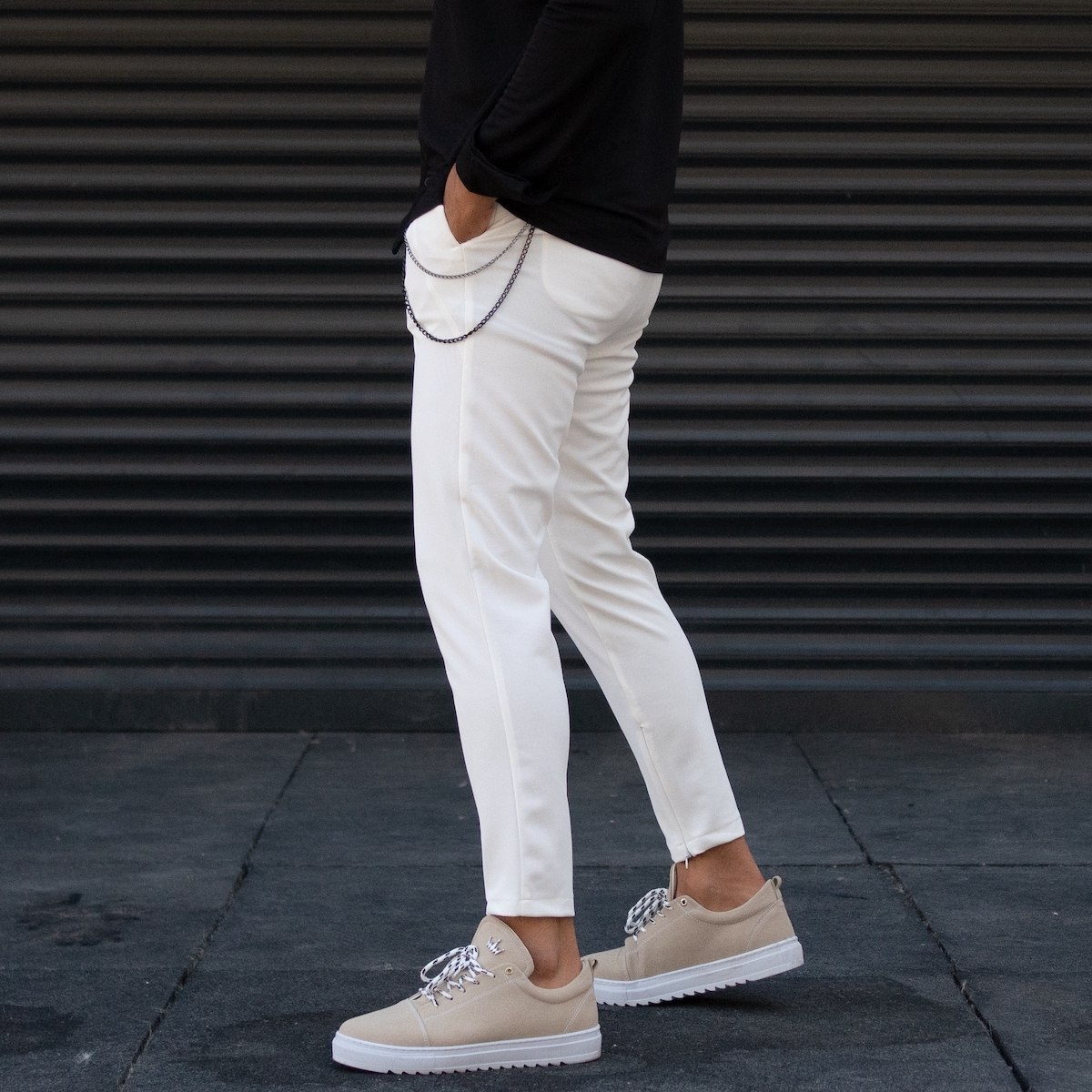 Men's Designer Trousers Pants Chain Detail White